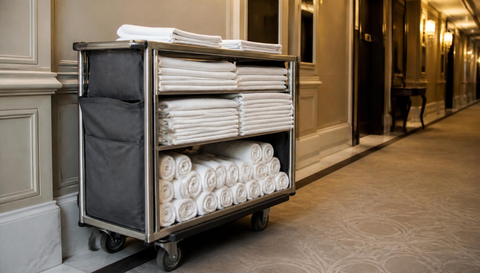 Hotelwäsche Wien – Housekeeping-Wagen mit frischer Bettwäsche und Handtüchern